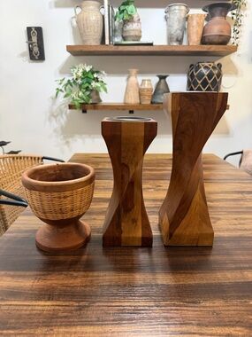 Wooden Decorative Candle Holders and Vase Trio - Warm Brown